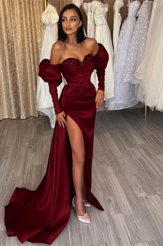 Red Off the Shoulder Sweetheart Mermaid Prom Dress with Split and Appliques