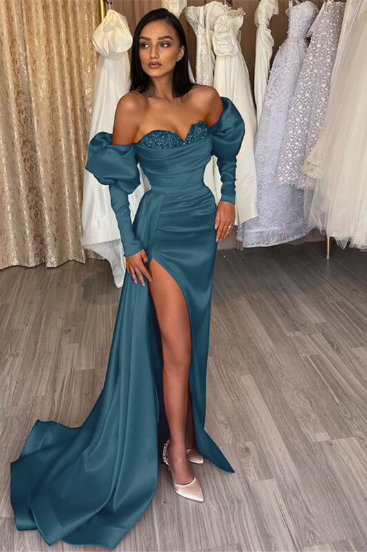 Red Off the Shoulder Sweetheart Mermaid Prom Dress with Split and Appliques