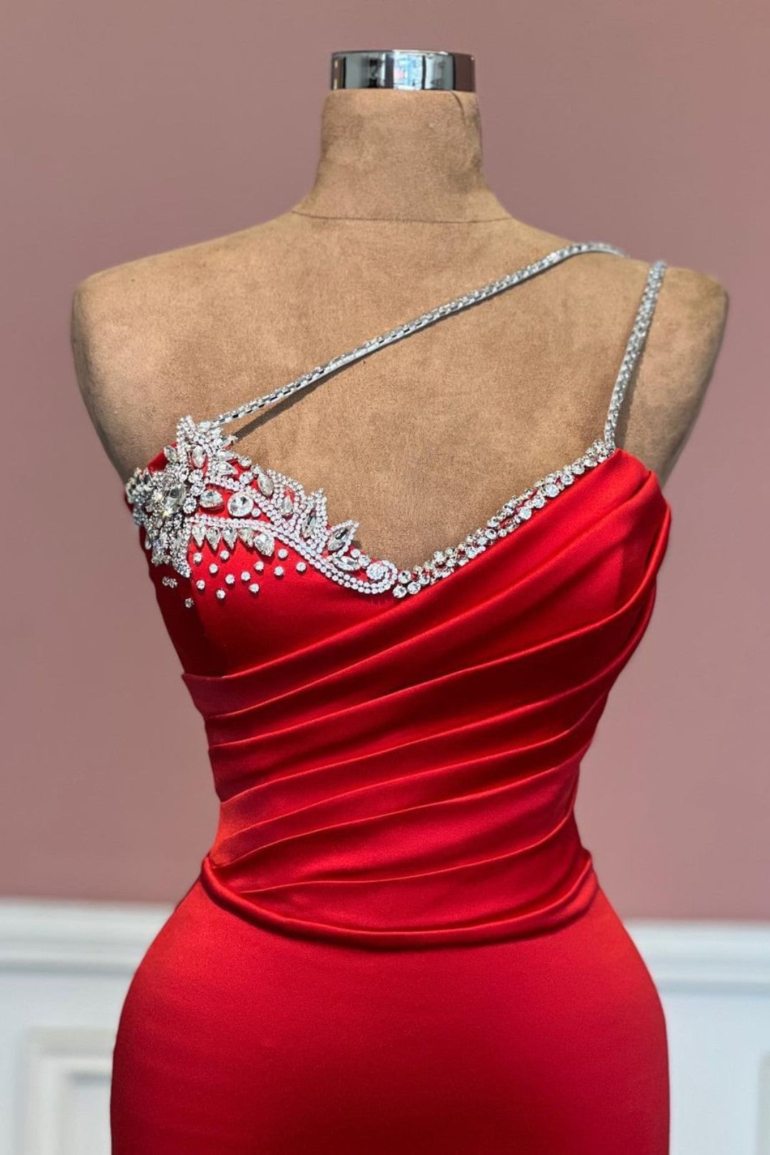Beautiful One Shoulder Red Satin Long Prom Dress with Beading