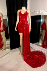 Simple Red Short Prom Dress with Sequins and Long Trail
