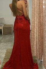Red Spaghetti Strap Backless Long Prom Dress with Sequins and Split