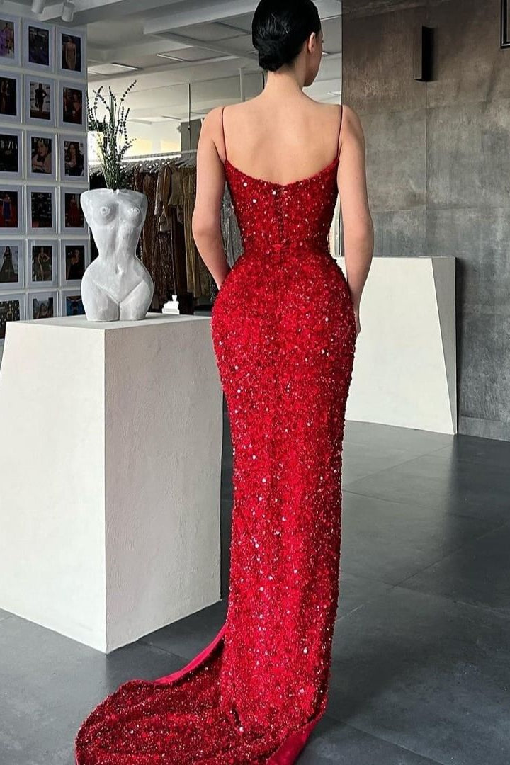 Red Spaghetti Strap Mermaid Long Prom Dress with Sequins and Split