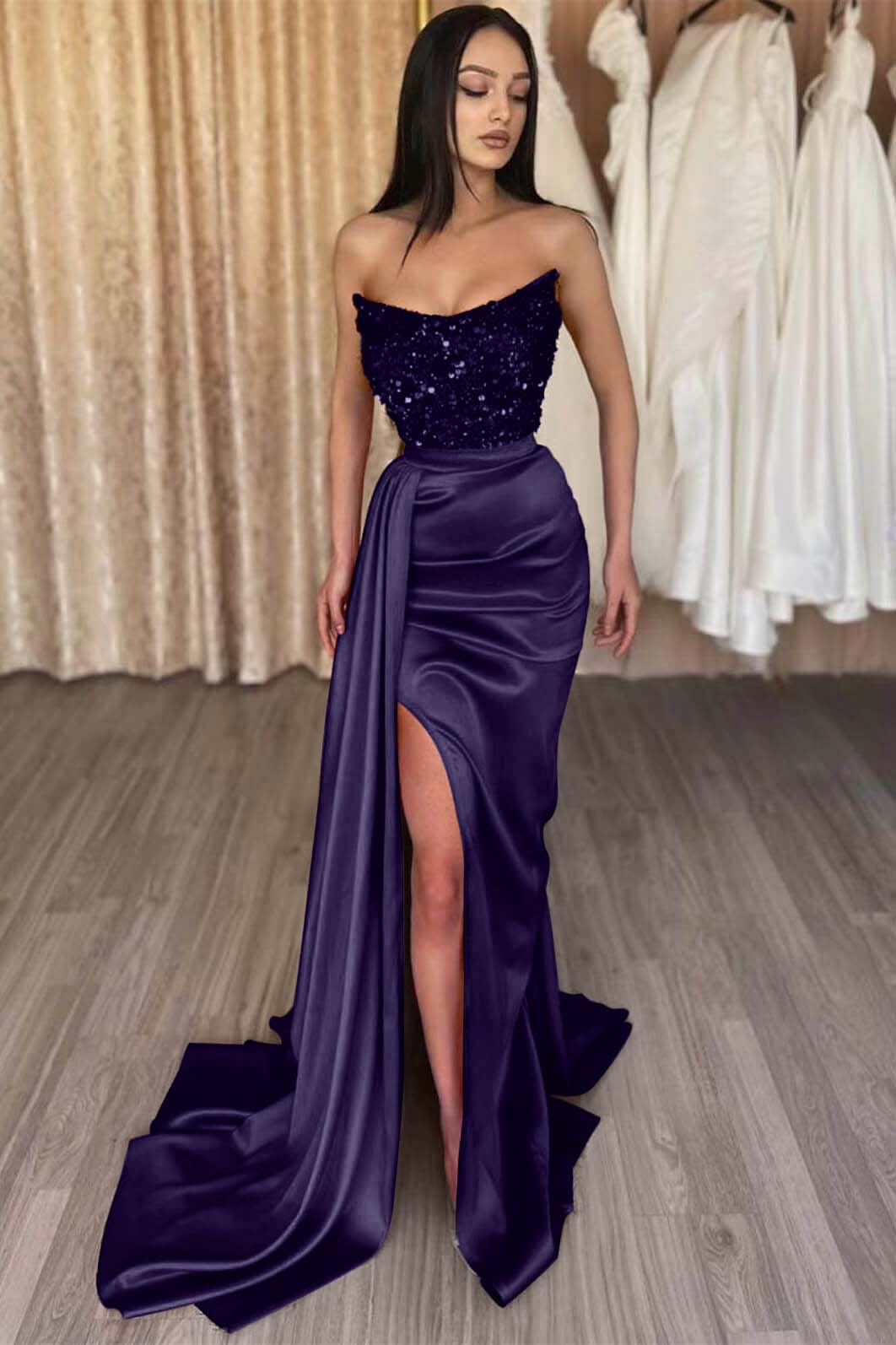 Elegant Strapless Mermaid Long Prom Dress with Side Split and Sequins