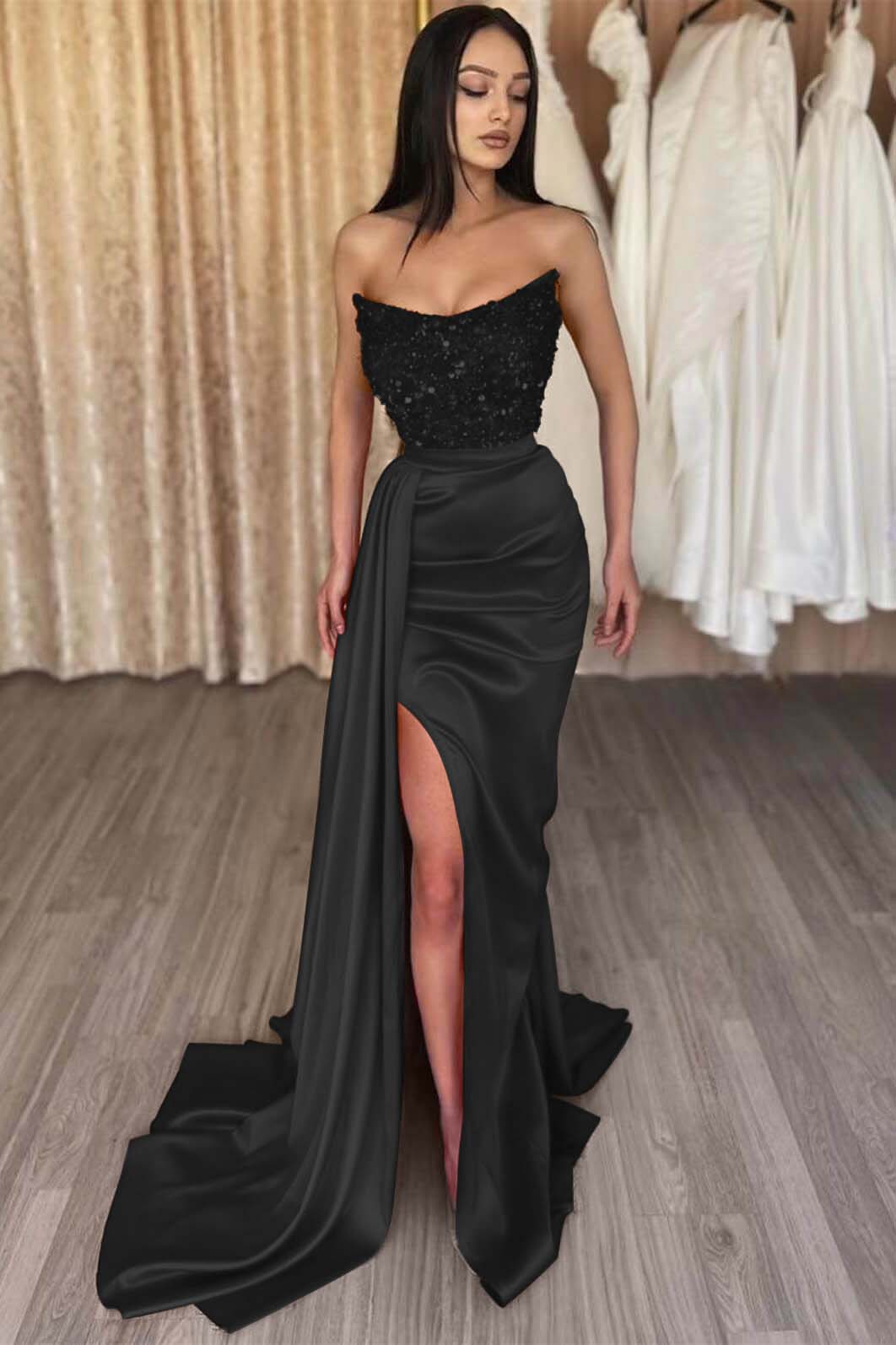 Elegant Strapless Mermaid Long Prom Dress with Side Split and Sequins