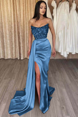 Elegant Strapless Mermaid Long Prom Dress with Side Split and Sequins