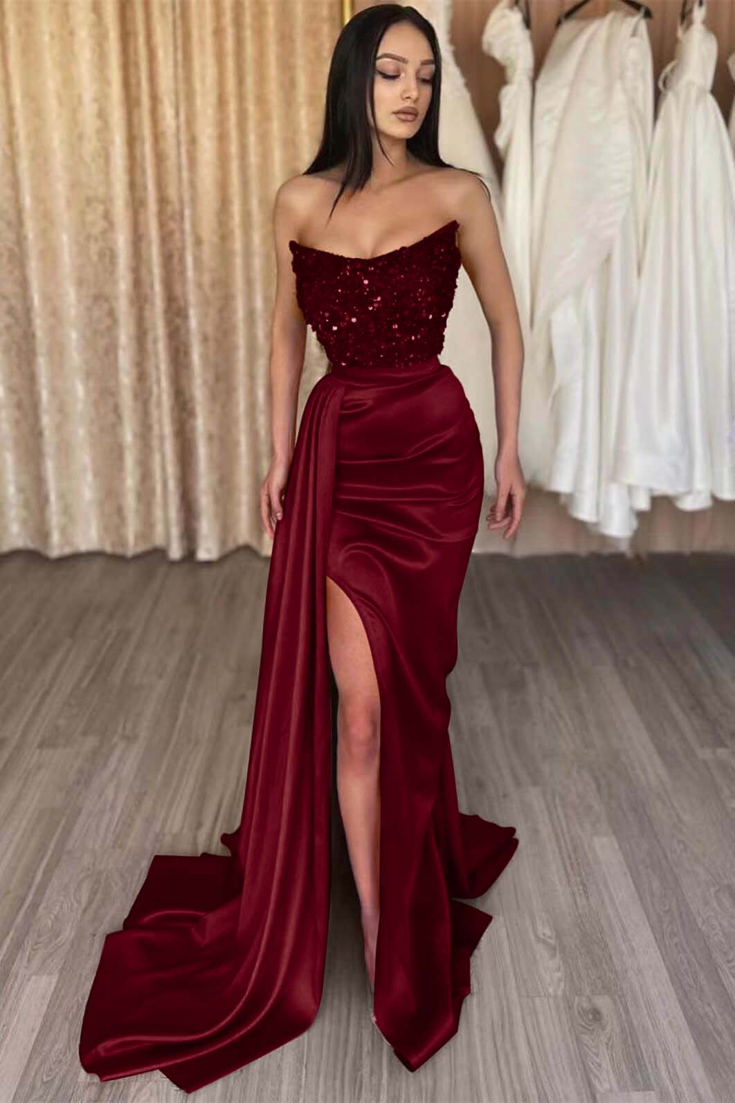 Elegant Strapless Mermaid Long Prom Dress with Side Split and Sequins