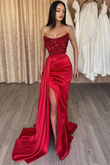 Elegant Strapless Mermaid Long Prom Dress with Side Split and Sequins