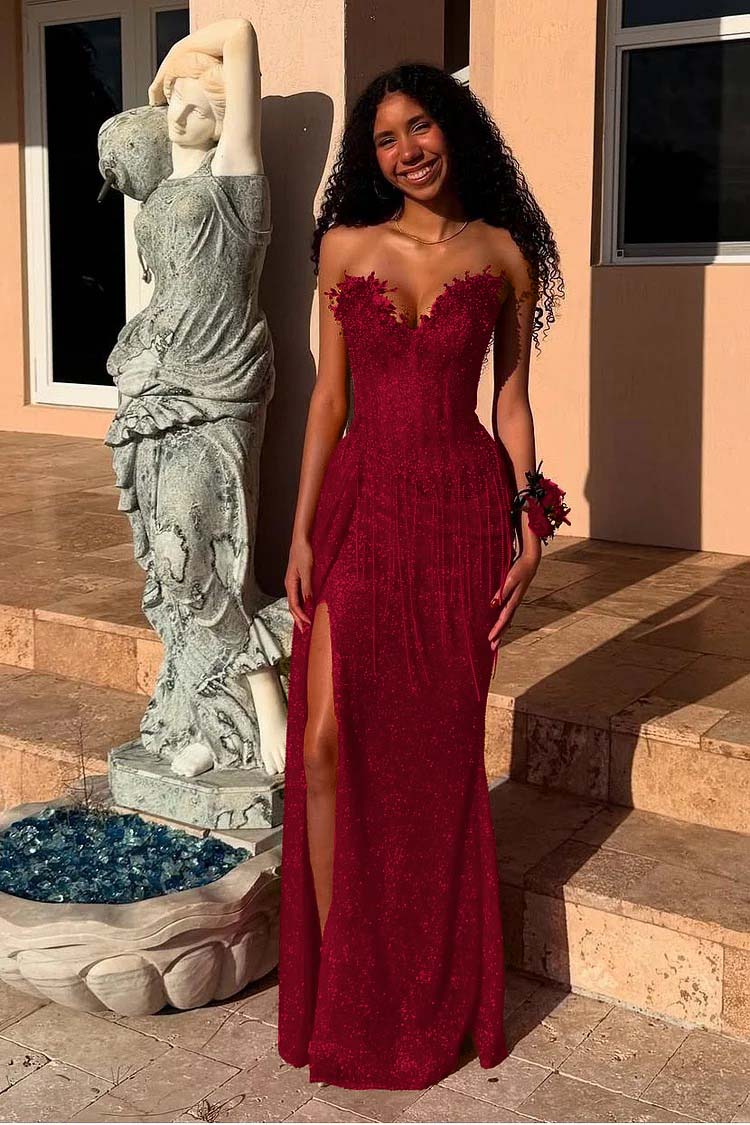 Red Strapless Mermaid Long Prom Dress with Sequins Split