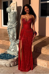 Red Strapless Mermaid Long Prom Dress with Sequins Split