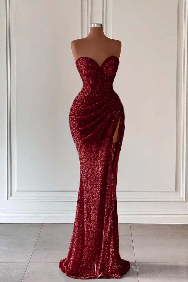 Red Sweetheart Mermaid Long Prom Dress with High Split and Sequins