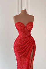 Red Sweetheart Mermaid Long Prom Dress with High Split and Sequins