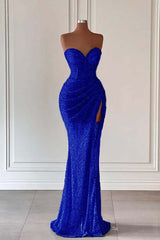 Red Sweetheart Mermaid Long Prom Dress with High Split and Sequins