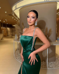 Green Spaghetti Strap Long Prom Dress with Rhinestone and Split