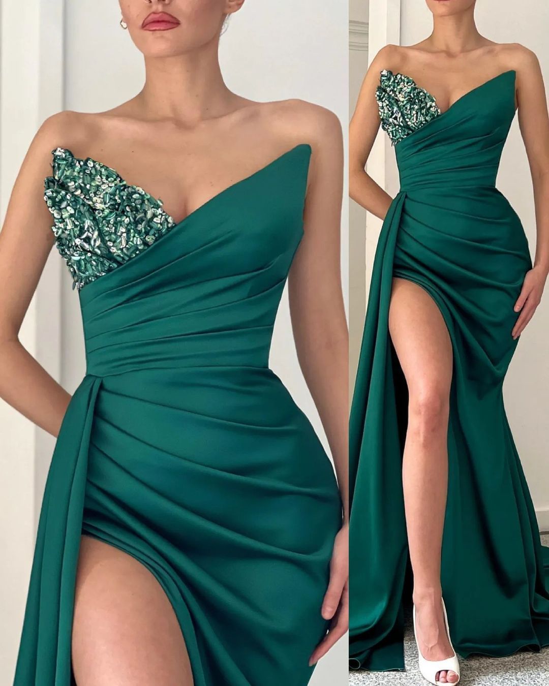 Strapless Mermaid Long Prom Dress with Rhinestone and High Split
