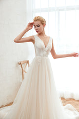 Romantic Wide Strap Deep V-Neck Floor-Length A-Line Wedding Dress with Tulle