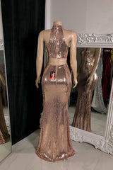 Rose Halter Mermaid Prom Dress with Sequins and Long Split