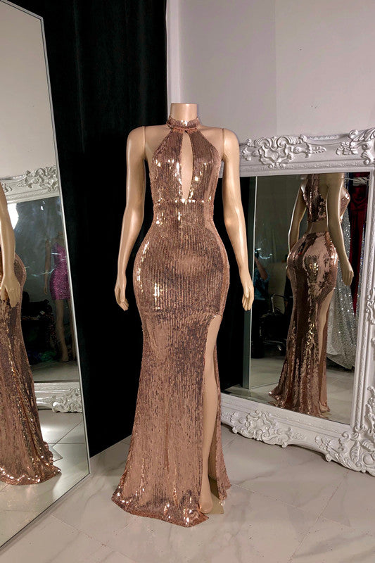 Rose Halter Mermaid Prom Dress with Sequins and Long Split