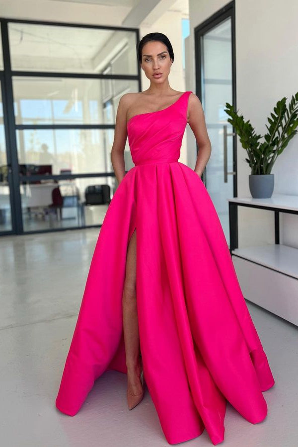 Rose One Shoulder Ball Gown Prom Dress with Pockets and High Split