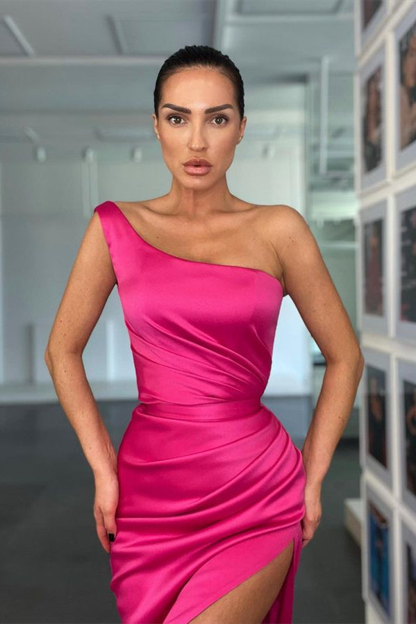 Rose One Shoulder Prom Dress with Side Split and Pleated