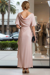 Round Neck Mermaid Satin Formal Gown With Sleeves Mother of the Bride Wedding Guest Evening Party Dress