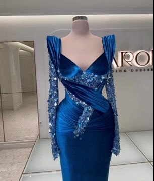 Royal Blue Long Sleeves Mermaid Charmeuse Prom Dress with Beadings