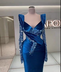 Royal Blue Long Sleeves Mermaid Charmeuse Prom Dress with Beadings