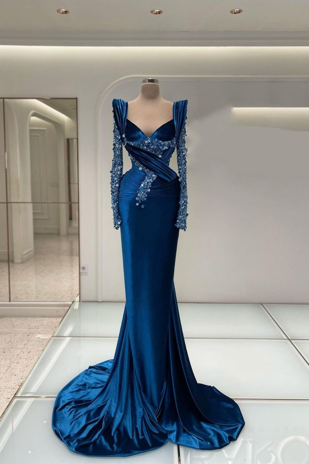 Royal Blue Long Sleeves Mermaid Charmeuse Prom Dress with Beadings