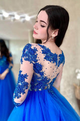Amazing Long Sleeve Tulle A-Line Long Prom Dress with Appliques