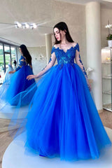 Amazing Long Sleeve Tulle A-Line Long Prom Dress with Appliques