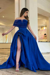 Royal Blue Off the Shoulder Strapless Prom Dress with Front Split