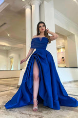Royal Blue Off the Shoulder Strapless Prom Dress with Front Split
