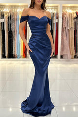 Royal Blue Off the Shoulder Sweetheart Long Prom Dress with Pleated
