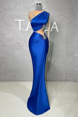 Royal Blue One Shoulder Long Sleeve Mermaid Evening Dress with Sequins