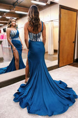 Royal Blue One Shoulder Prom Dress with Beading and Front Split