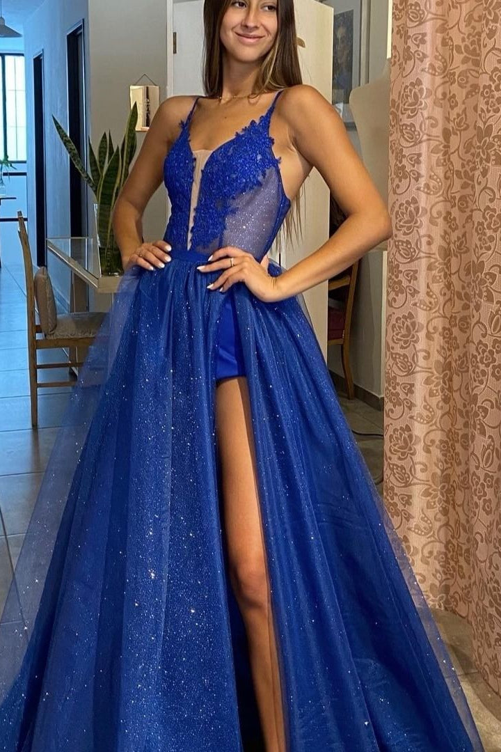 Royal Blue Spaghetti Strap Long Prom Dress with Split and Appliques