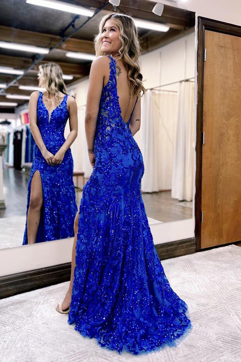 Royal Blue Backless Long Prom Dress with Beading and Split