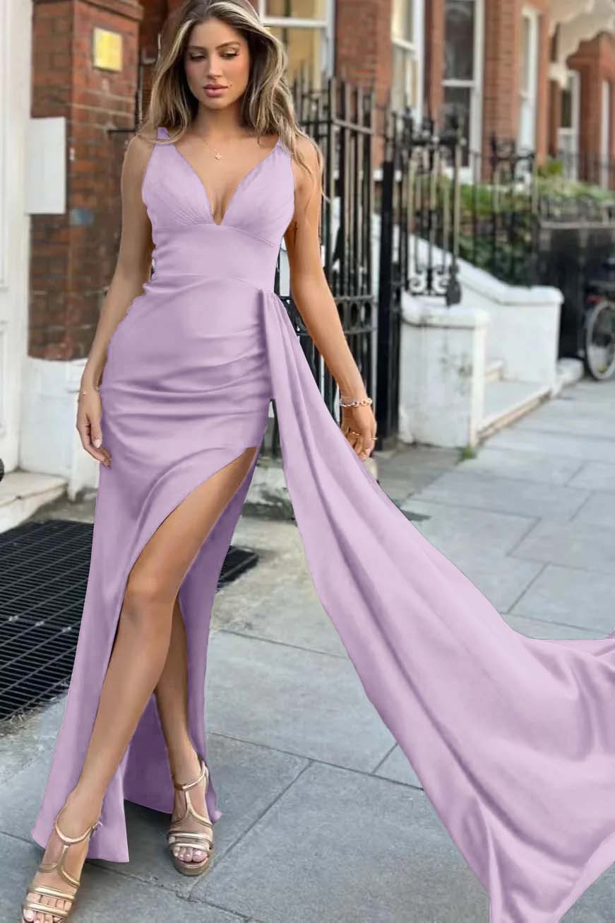 Royal Blue Deep V Neck Mermaid Long Prom Dress with Split and Ruffles