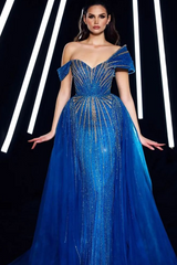Royal Blue Off the Shoulder Tulle Long Prom Dress with Sequins