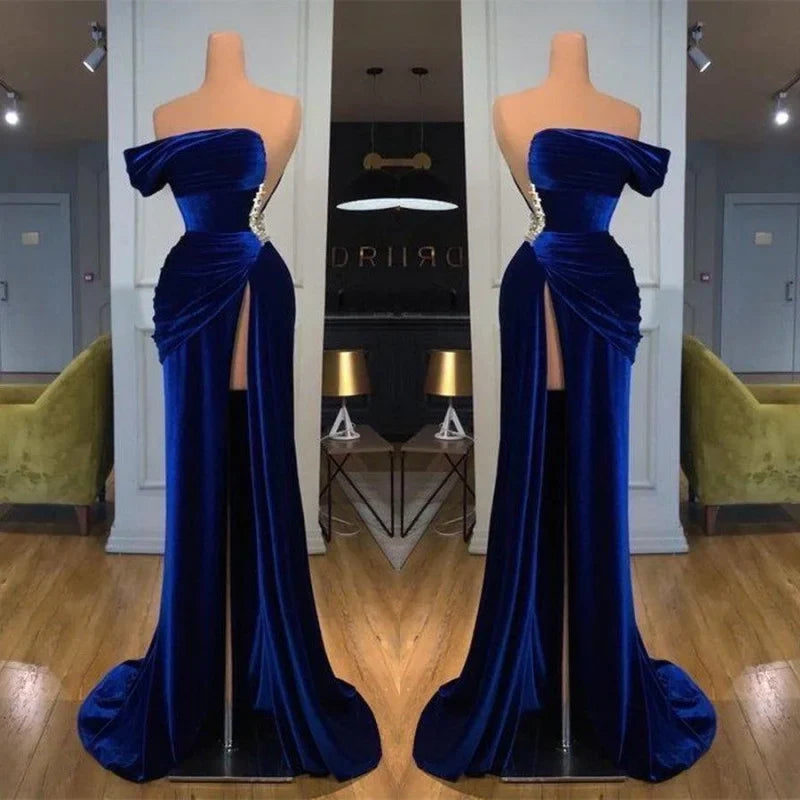 Royal Blue Strapless Mermaid Velvet Long Prom Dress with Beading and Split