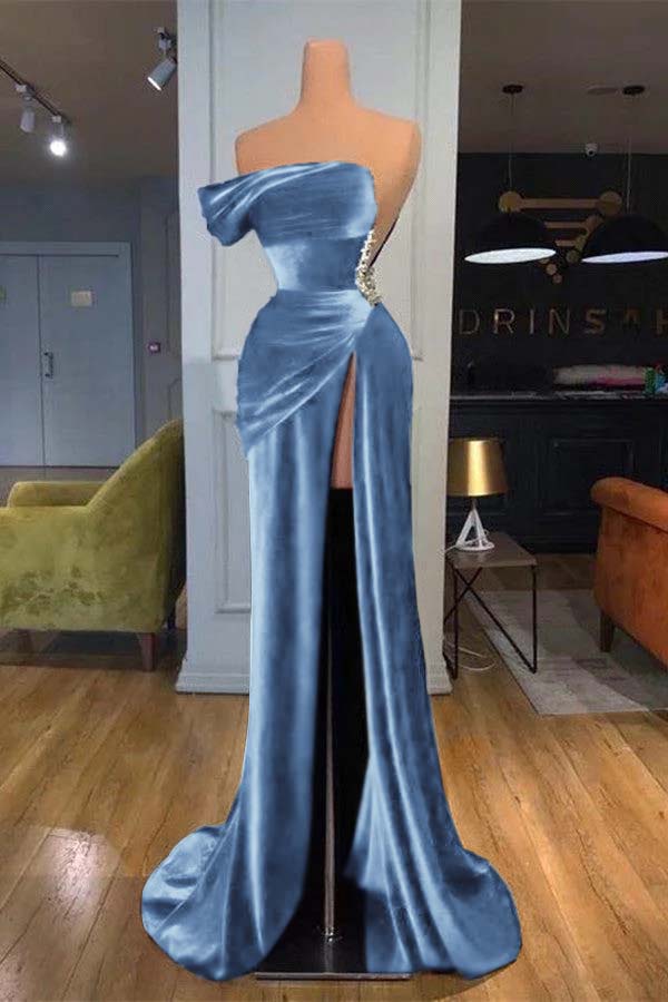 Royal Blue Strapless Mermaid Velvet Long Prom Dress with Beading and Split