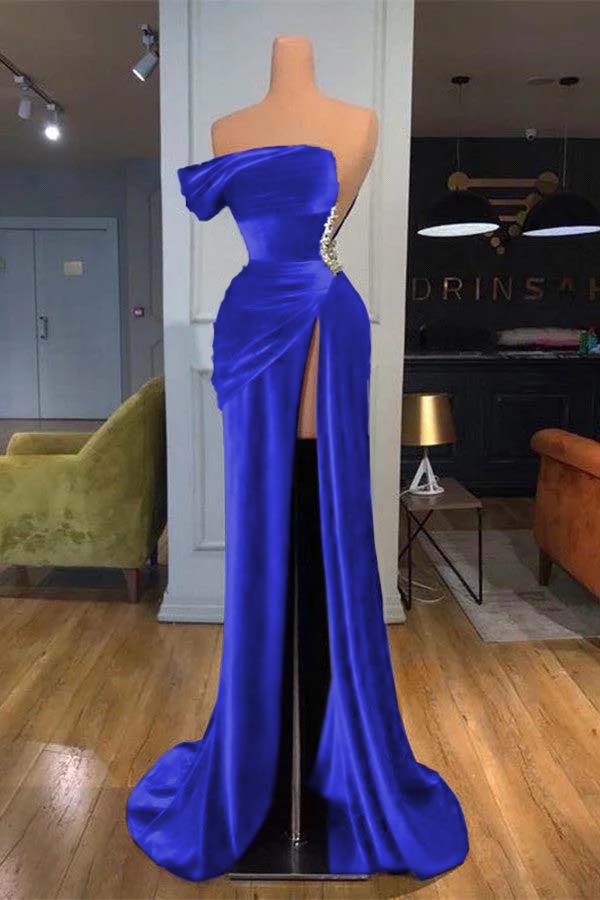 Royal Blue Strapless Mermaid Velvet Long Prom Dress with Beading and Split