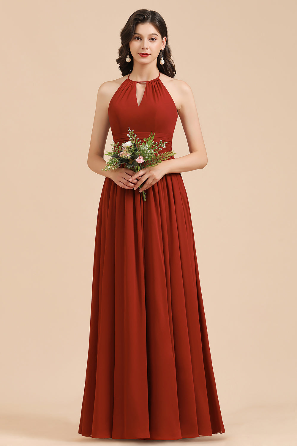 Rust Halter Long Chiffon Bridesmaid Dress On Sale-Babyonlines