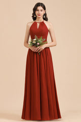 Rust Halter Long Chiffon Bridesmaid Dress On Sale-Babyonlines