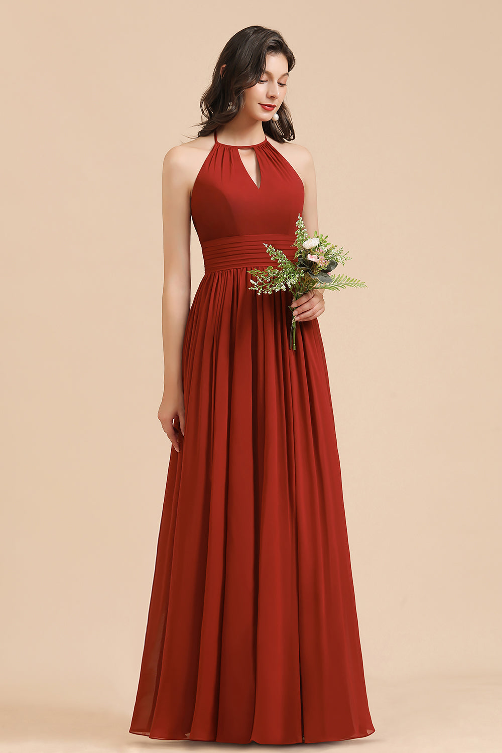 Rust Halter Long Chiffon Bridesmaid Dress On Sale-Babyonlines
