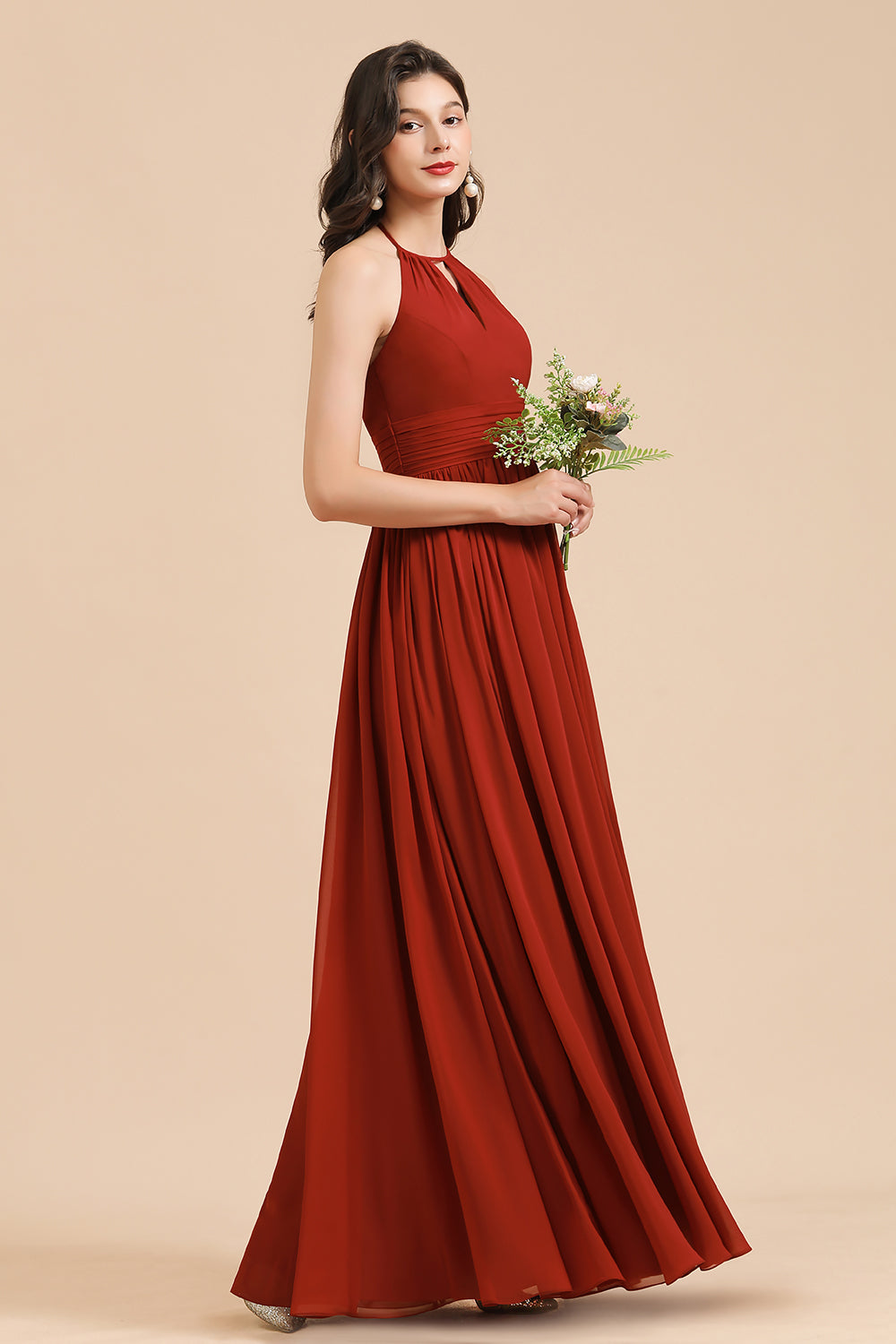 Rust Halter Long Chiffon Bridesmaid Dress On Sale-Babyonlines