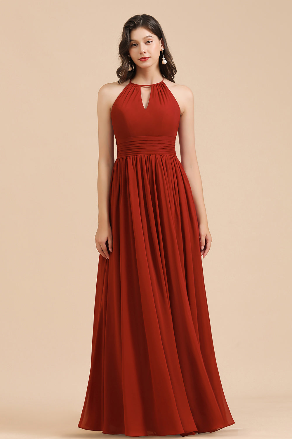 Rust Halter Long Chiffon Bridesmaid Dress On Sale-Babyonlines