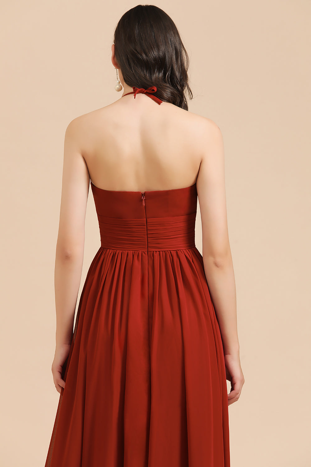 Rust Halter Long Chiffon Bridesmaid Dress On Sale-Babyonlines