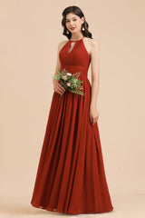 Rust Halter Long Chiffon Bridesmaid Dress On Sale-Babyonlines