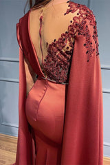 Rust Long Sleeve Mermaid Evening Dress with Bead Appliques and Ruffles