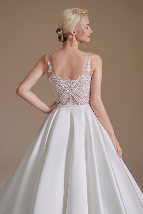 Satin A-Line Wedding Dress Long V-neck With Appliques Lace